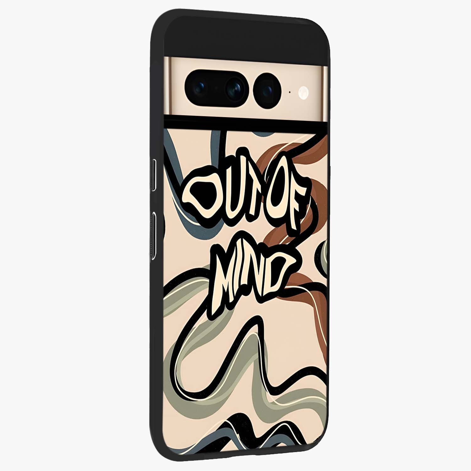 Out Of Mind Glass Case upright view showcasing striking typography artwork with edgy conceptual theme.