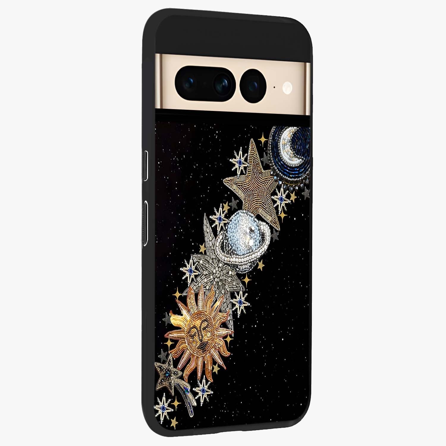 Pearls Universe Object Glass Case upright view showcasing decorative pearl themed artwork with cosmic elegance.