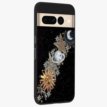 Pearls Universe Object Glass Case upright view showcasing decorative pearl themed artwork with cosmic elegance.