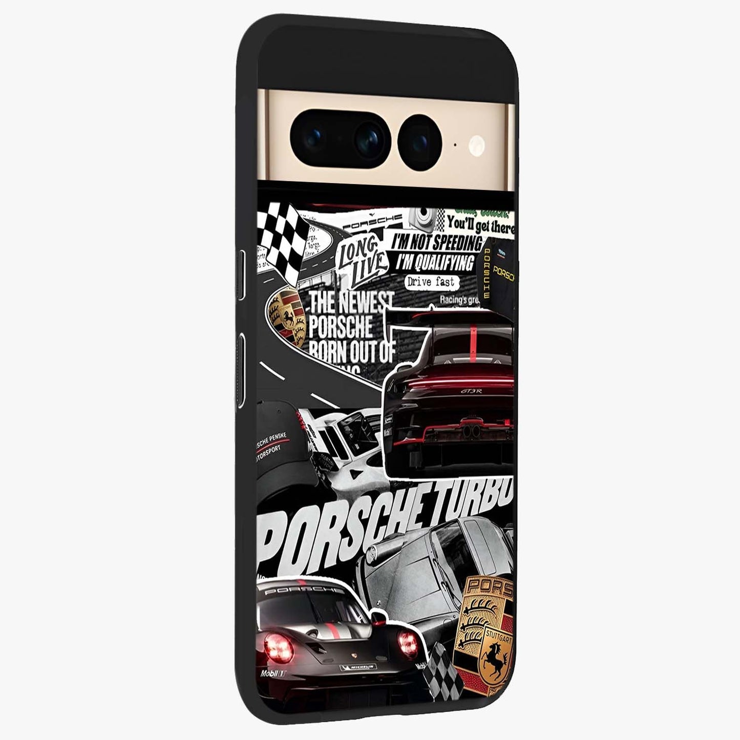 Porsche Racing Collage Glass Case upright view showcasing energetic car collage artwork with high speed racing theme.