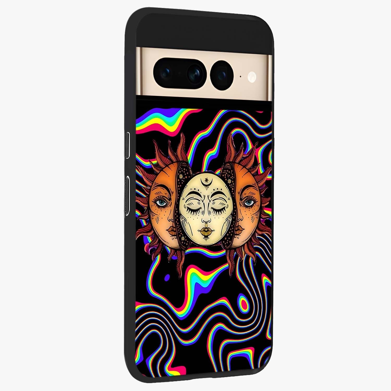 Psychedelic Sun Glass Case upright view showcasing trippy sun artwork with bold psychedelic theme.