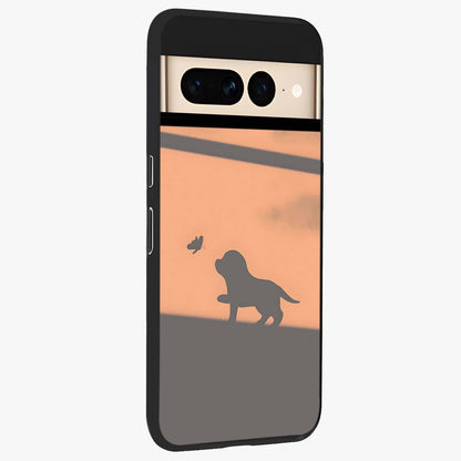 Puppy Shadow Art Glass Case upright view showcasing charming puppy artwork with creative silhouette theme.