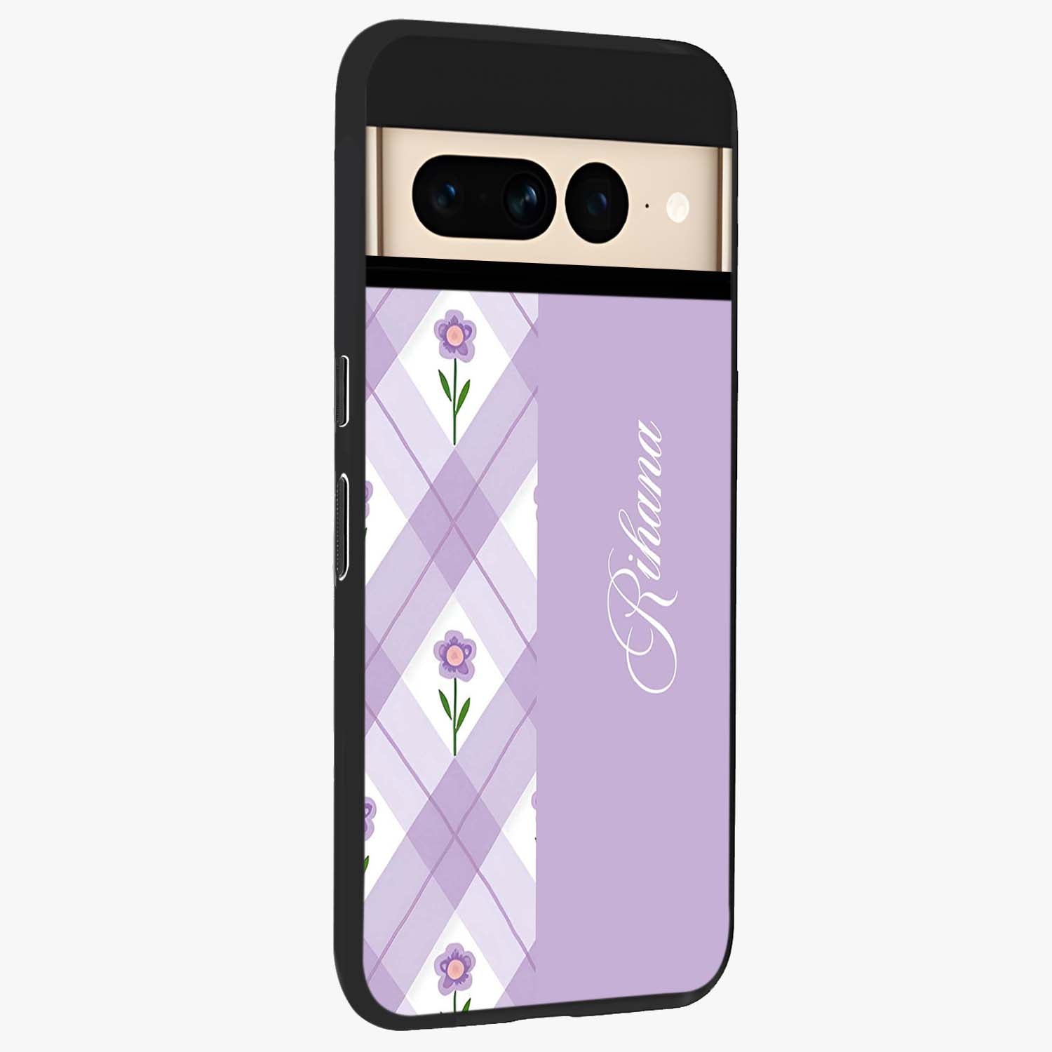 Purple Diamond Floral Glass Case upright view showcasing vibrant floral artwork with stylish geometric theme.