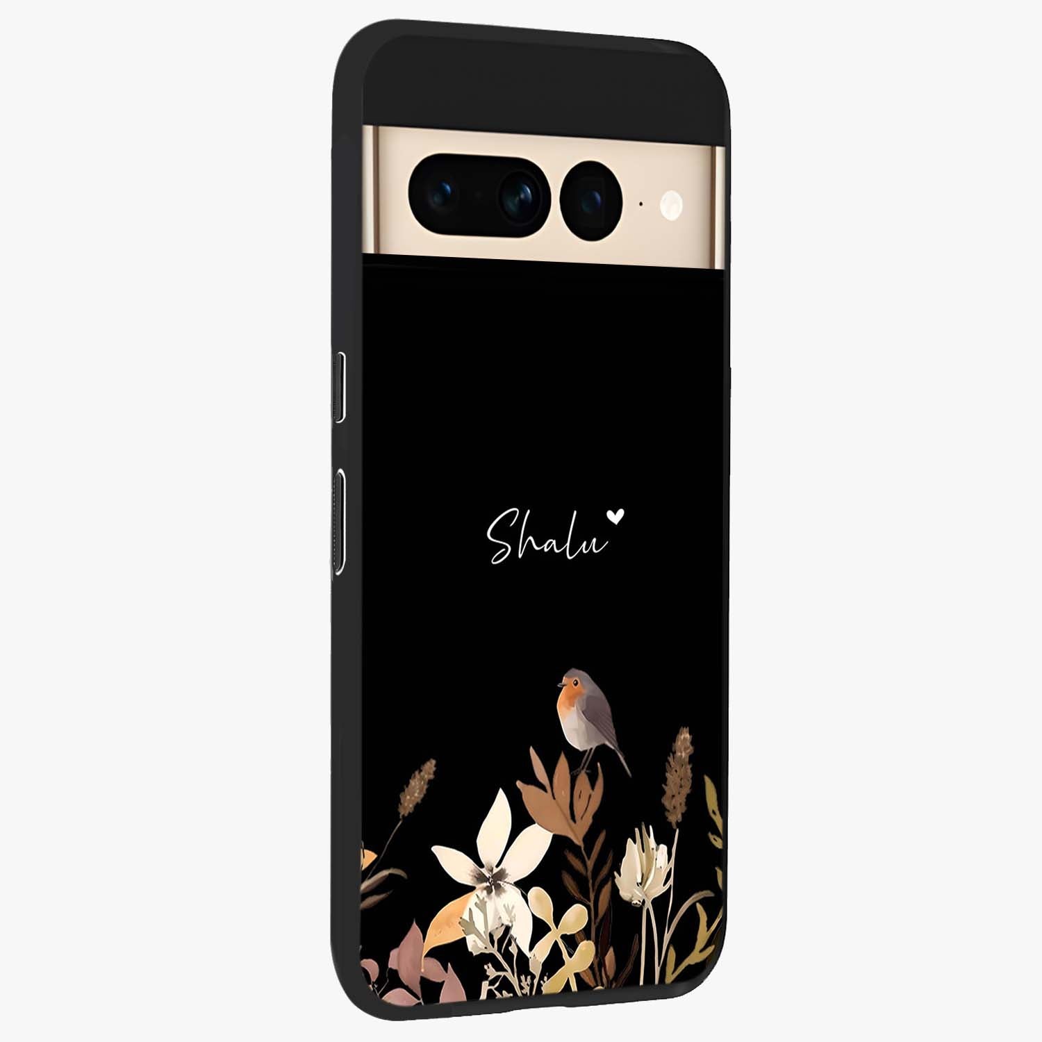 Quiet Garden Tune Custom Name Glass Case upright view showcasing serene botanical artwork with personalized aesthetic.