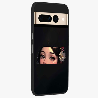 Radha Divine Embrace Glass Case upright view showcasing sacred Radha themed artwork with peaceful devotional style.