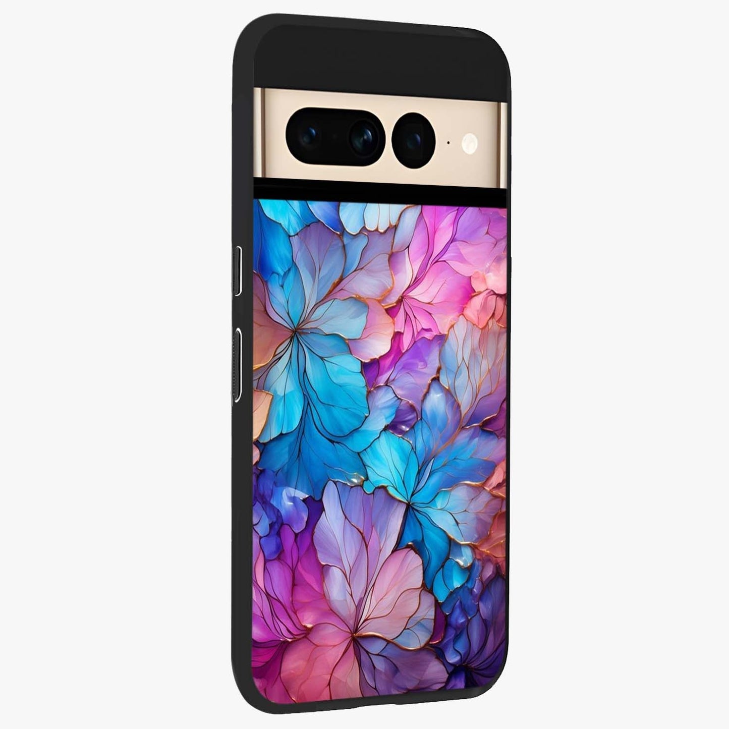 Radiant Floral Whirl Glass Case upright view showcasing lively floral artwork with decorative swirl theme.