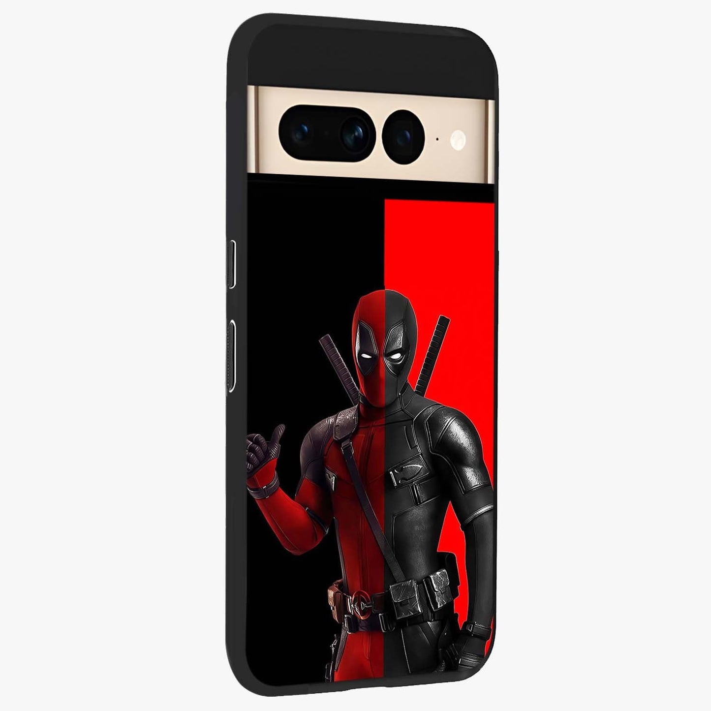 Red & Black Deadpool Theme Glass Case upright view showcasing energetic comic themed artwork with striking red and black design.
