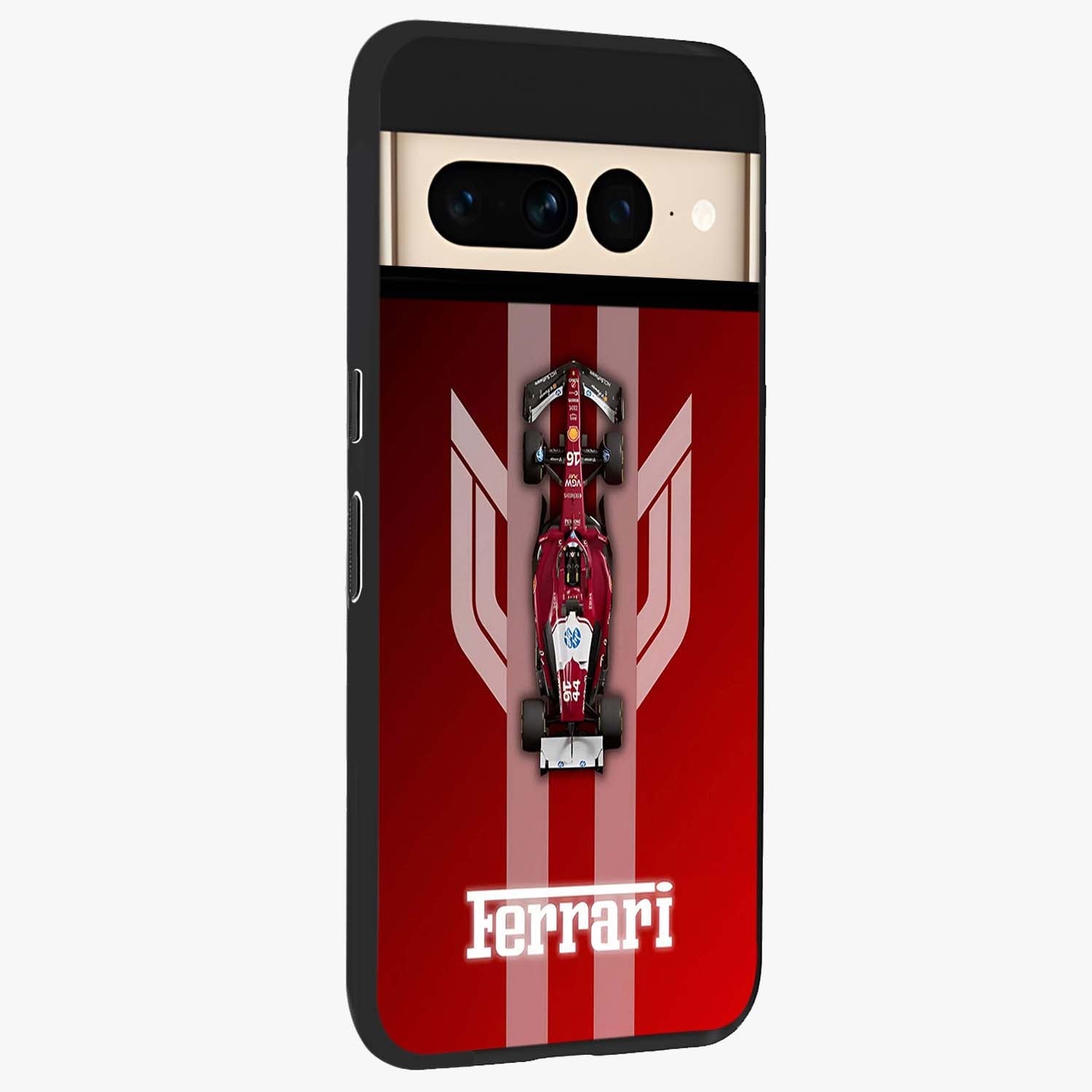 Red Ferrari F1 Vertical Glass Case upright view showcasing powerful Formula car artwork with dynamic motorsport theme.