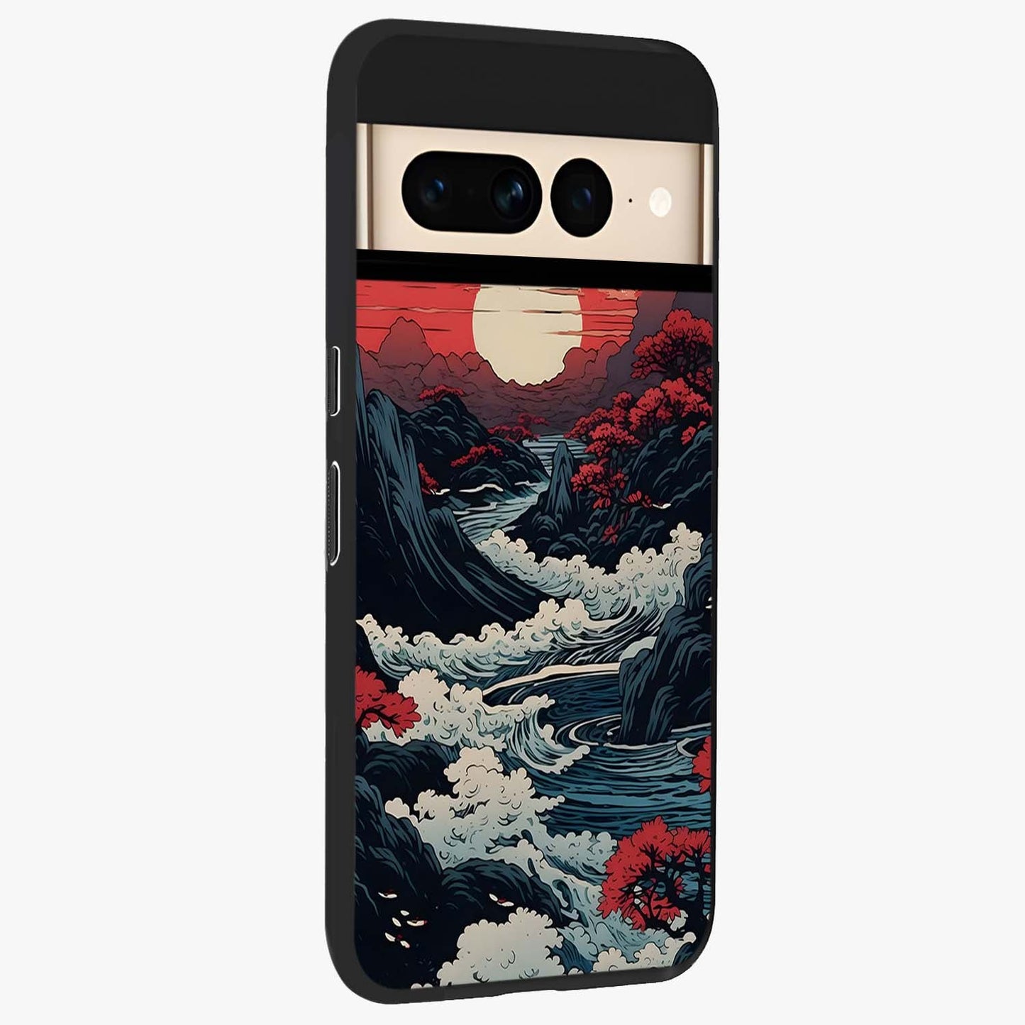 Red Sunset Scenery Glass Case upright view showcasing dramatic sunset scenery artwork with warm nature theme.
