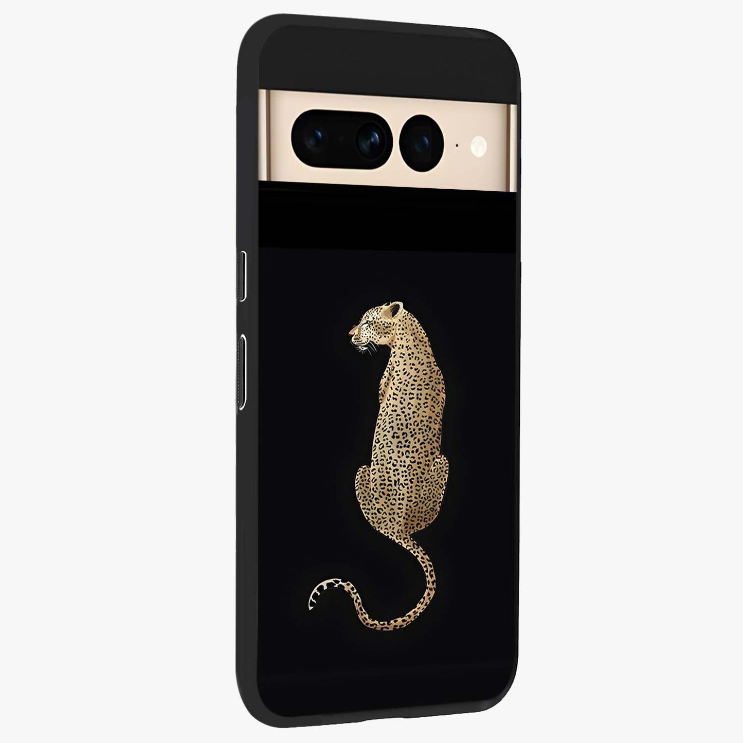 Regal Leopard Glass Case upright view showcasing striking leopard artwork with fierce wildlife theme.