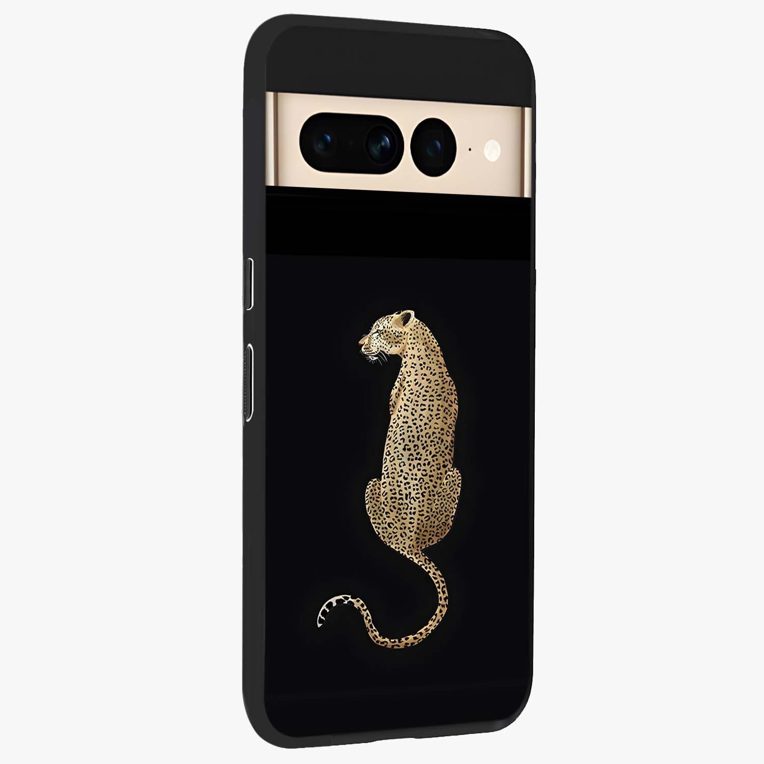Regal Leopard Glass Case upright view showcasing striking leopard artwork with fierce wildlife theme.