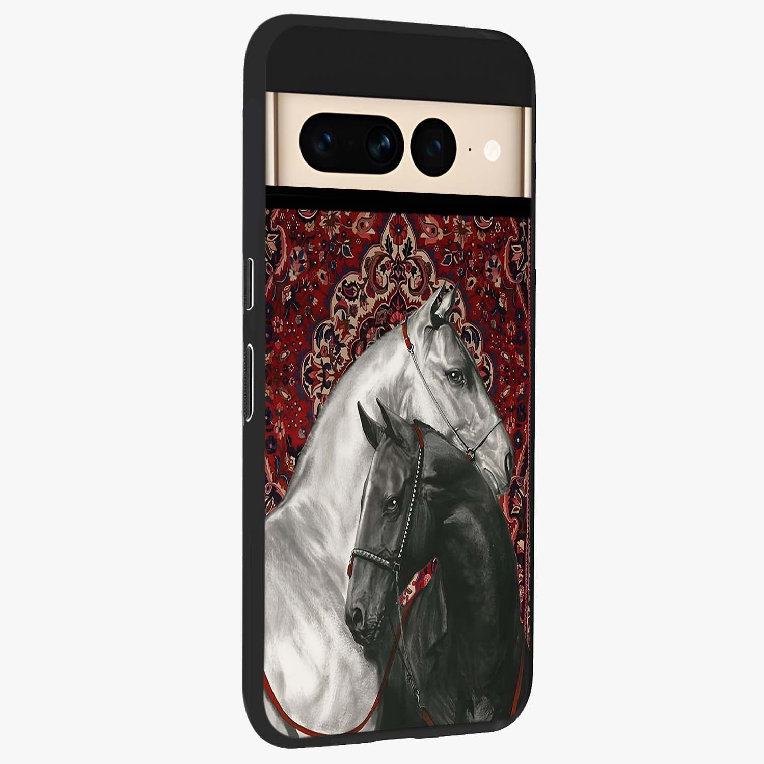 Regal Stallion Tapestry Glass Case upright view showcasing powerful horse artwork with elegant tapestry theme.