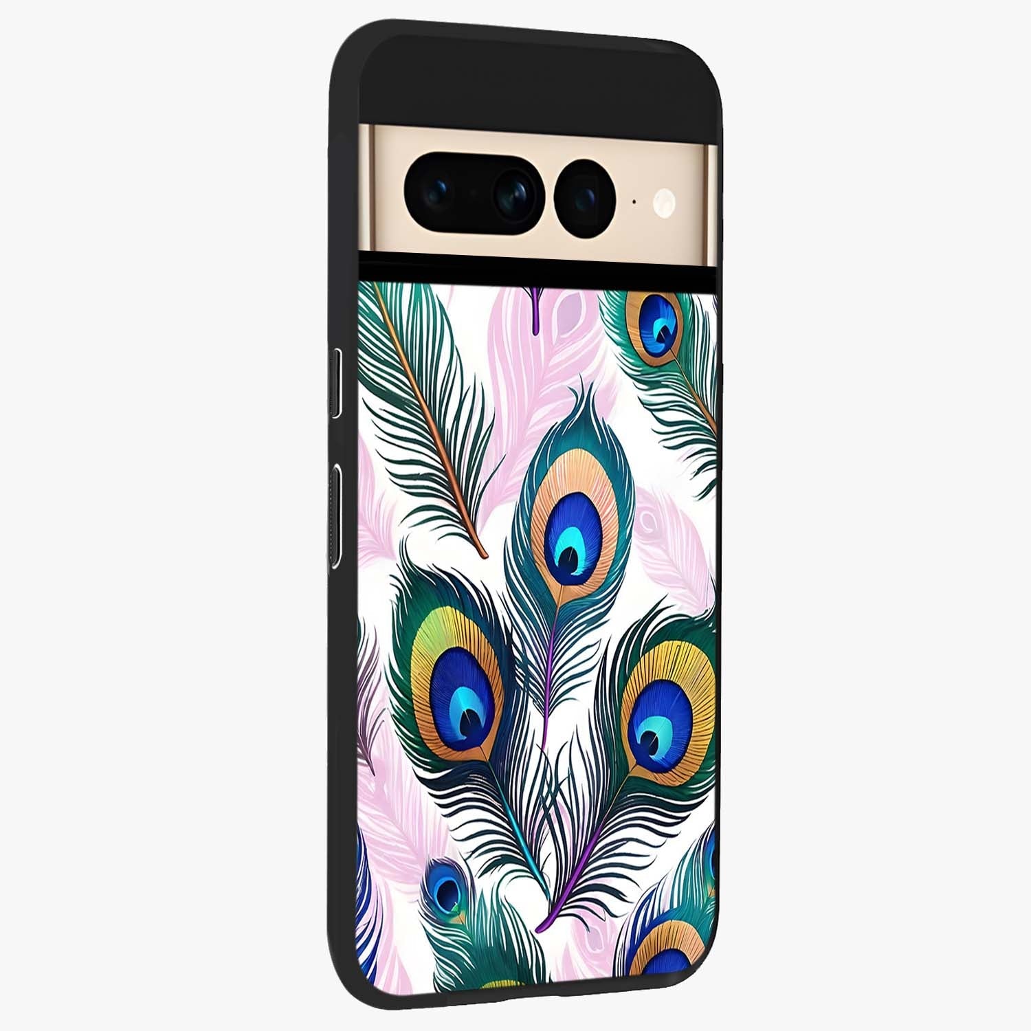 Royal Peacock Feathers Glass Case upright view showcasing elegant peacock feather artwork with decorative royal theme.