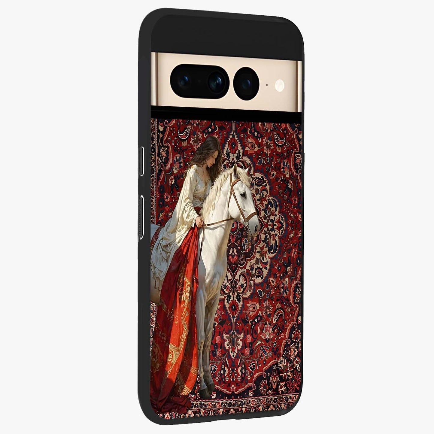 Royal Rider Tapestry Glass Case upright view showcasing detailed rider artwork with classic tapestry theme.