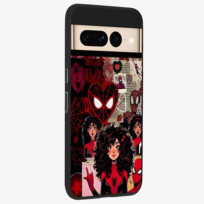 Spider Love Story Glass Case upright view showcasing charming superhero artwork with romantic comic theme.