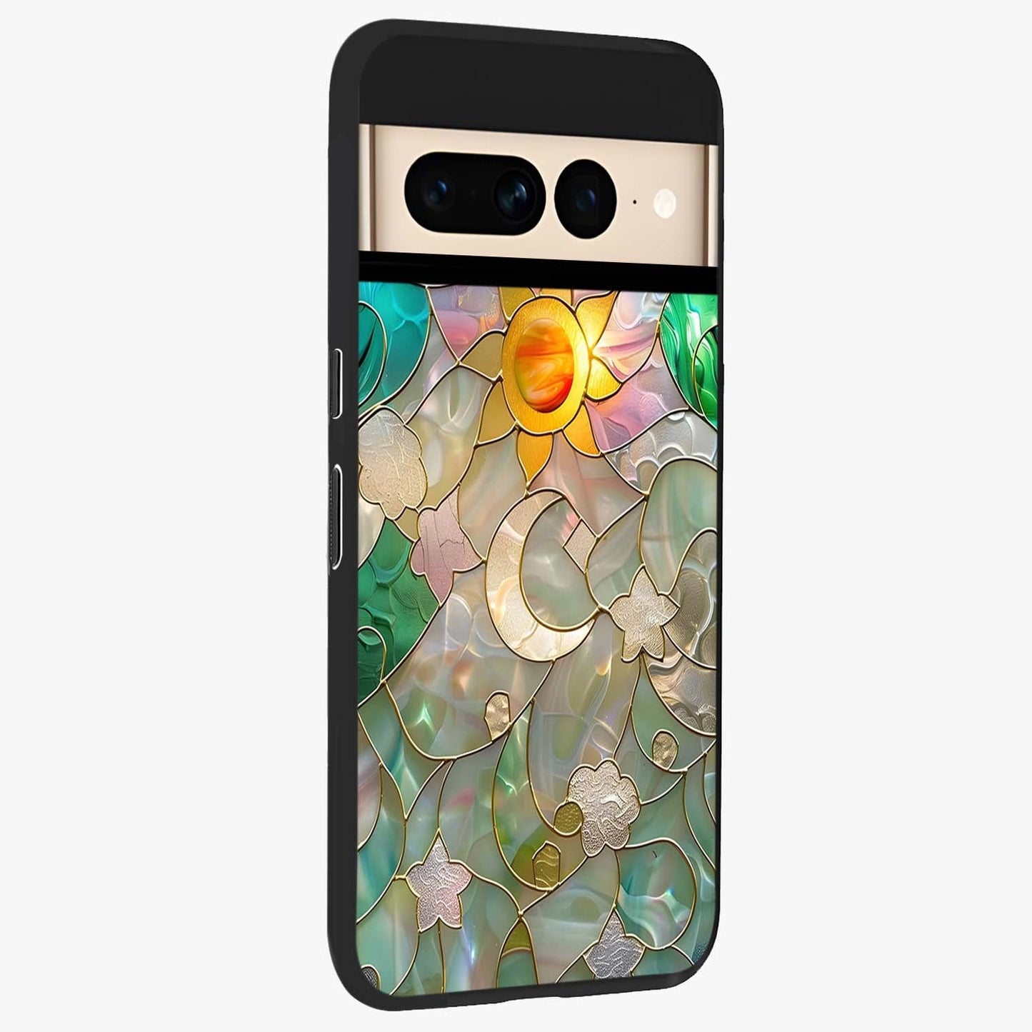 Stained Sunrise Glow Glass Case upright view showcasing colorful sunrise artwork with warm morning theme.