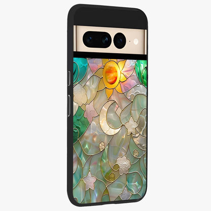 Stained Sunrise Glow Glass Case upright view showcasing colorful sunrise artwork with warm morning theme.