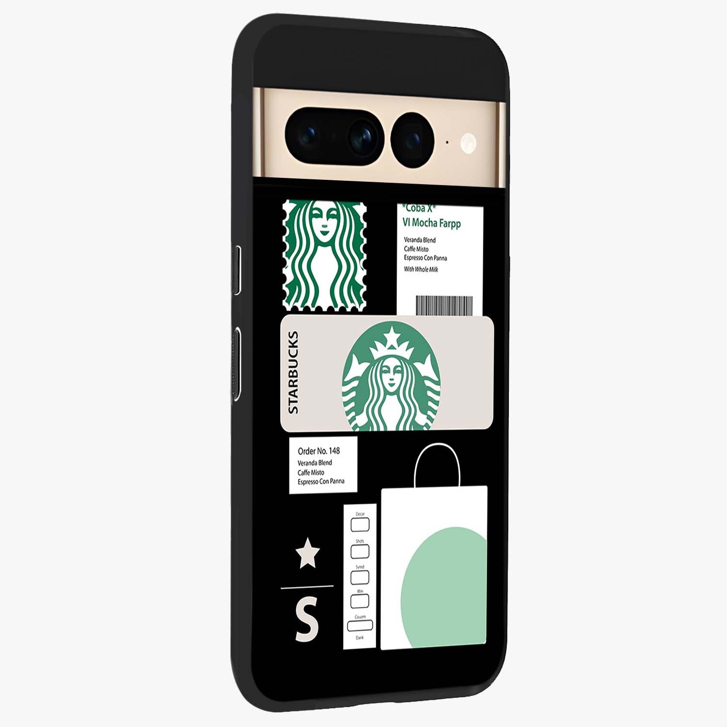 Starbucks Mocha Glass Case upright view showcasing trendy coffee inspired artwork with modern lifestyle theme.