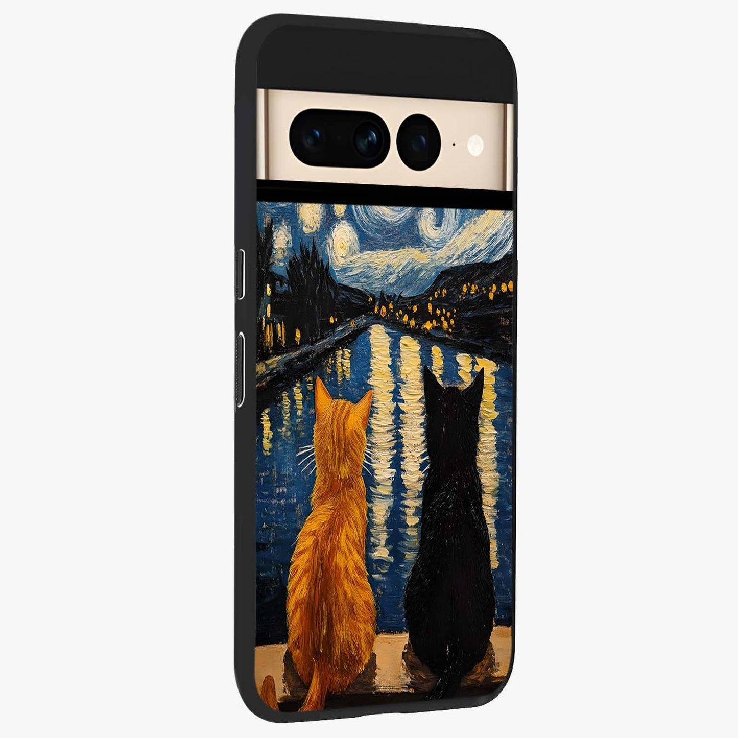 Starry River Cats Glass Case upright view showcasing adorable cat artwork with magical river and stars theme.