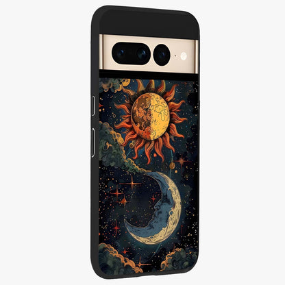 Sun And Moon Magic Design Glass Case upright view showcasing decorative sun and moon artwork with spiritual celestial theme.