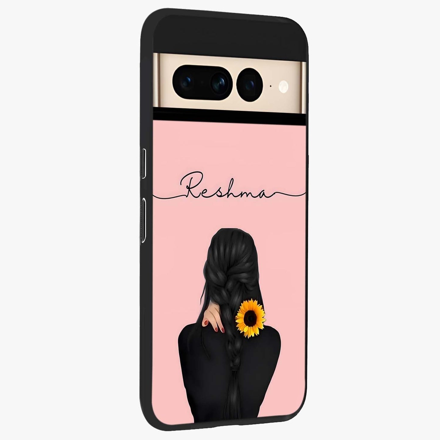 Sunflower Braid Beauty With Custom Name Glass Case upright view showcasing bright sunflower artwork with personalized floral aesthetic.