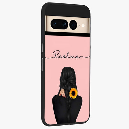 Sunflower Braid Beauty With Custom Name Glass Case upright view showcasing bright sunflower artwork with personalized floral aesthetic.