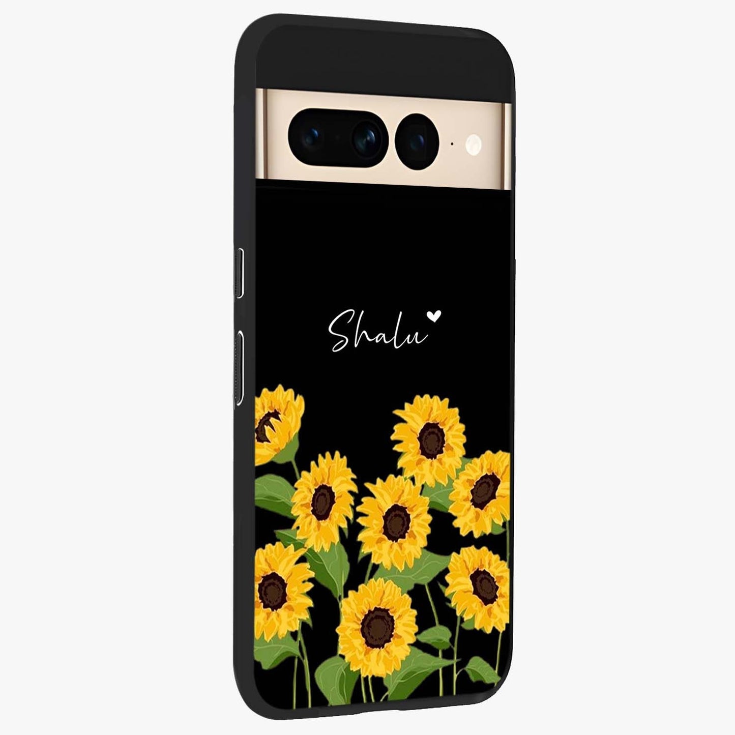 Sunflower Chic Mood Custom Name Glass Case upright view showcasing cheerful sunflower artwork with trendy floral theme.