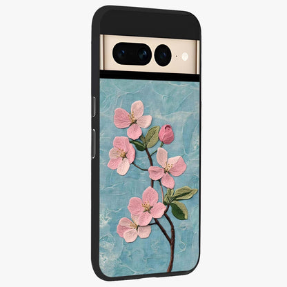 Threaded Blossom Breeze Glass Case upright view showcasing graceful flower artwork with calm botanical theme.