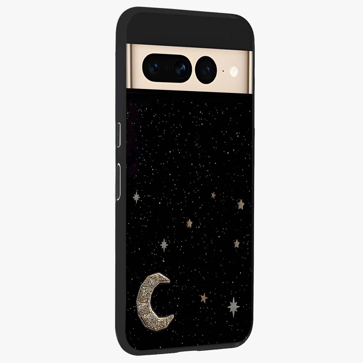 Twinkle Star With Half Moon Glass Case upright view showcasing glowing cosmic artwork with dreamy night theme.
