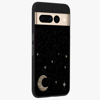 Twinkle Star With Half Moon Glass Case upright view showcasing glowing cosmic artwork with dreamy night theme.