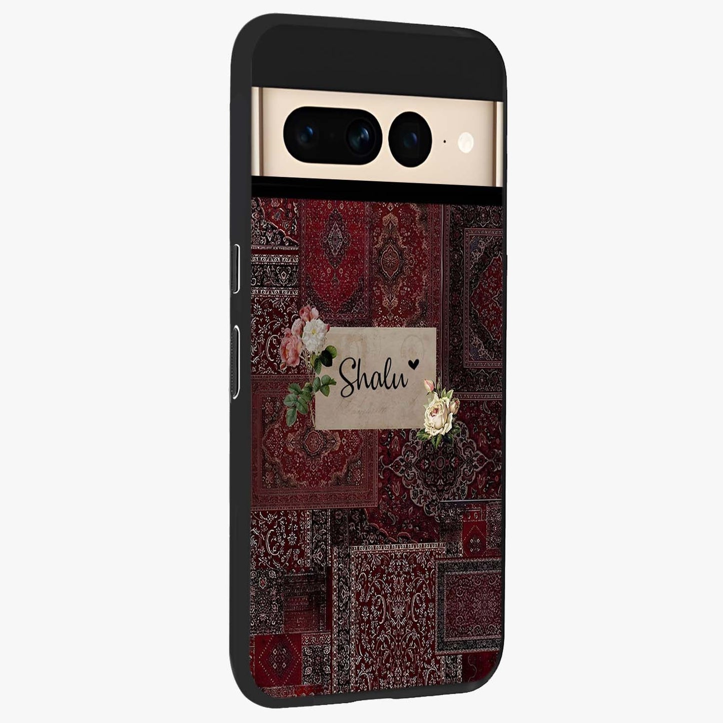 Velvet Wine Pattern Custom Name Glass Case upright view showcasing luxurious wine toned artwork with personalized aesthetic.