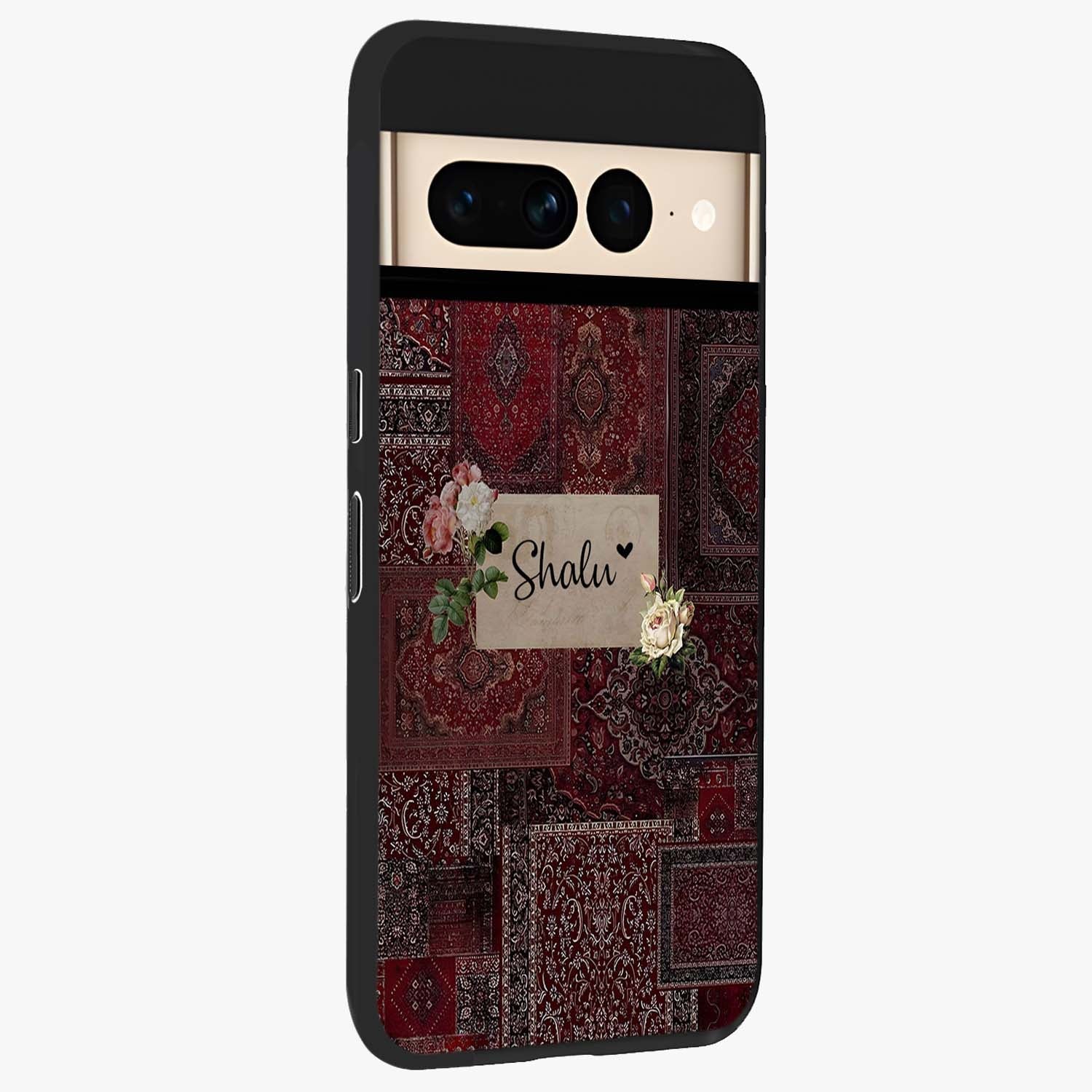 Velvet Wine Pattern Custom Name Glass Case upright view showcasing luxurious wine toned artwork with personalized aesthetic.