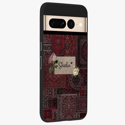 Velvet Wine Pattern Custom Name Glass Case upright view showcasing luxurious wine toned artwork with personalized aesthetic.