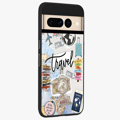 Wanderlust Journal Glass Case upright view showcasing wanderlust inspired artwork with creative exploration theme.