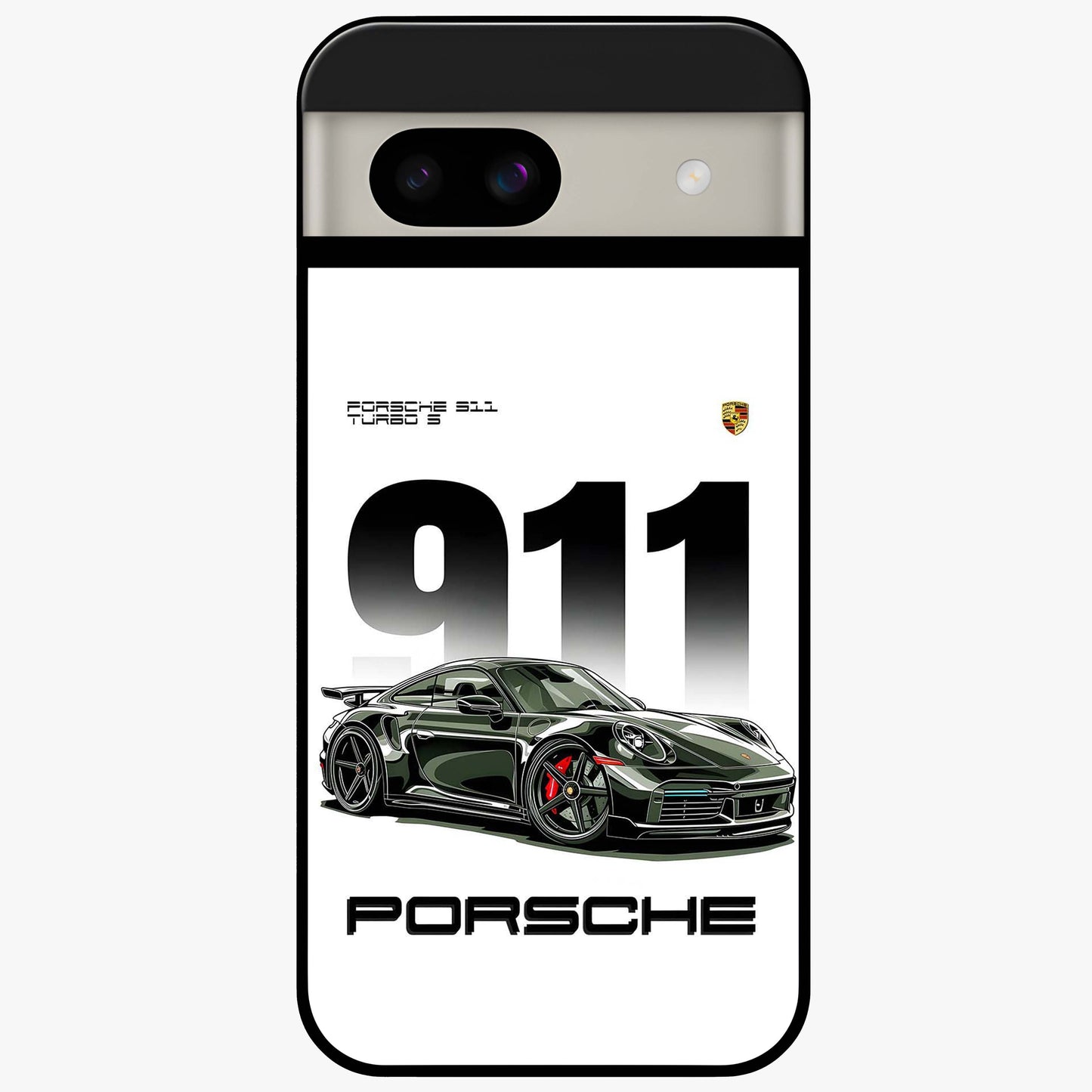 911 Turbo Dominance Glass Case showing clean flat back view with bold 911 sports car artwork and glossy glass finish.