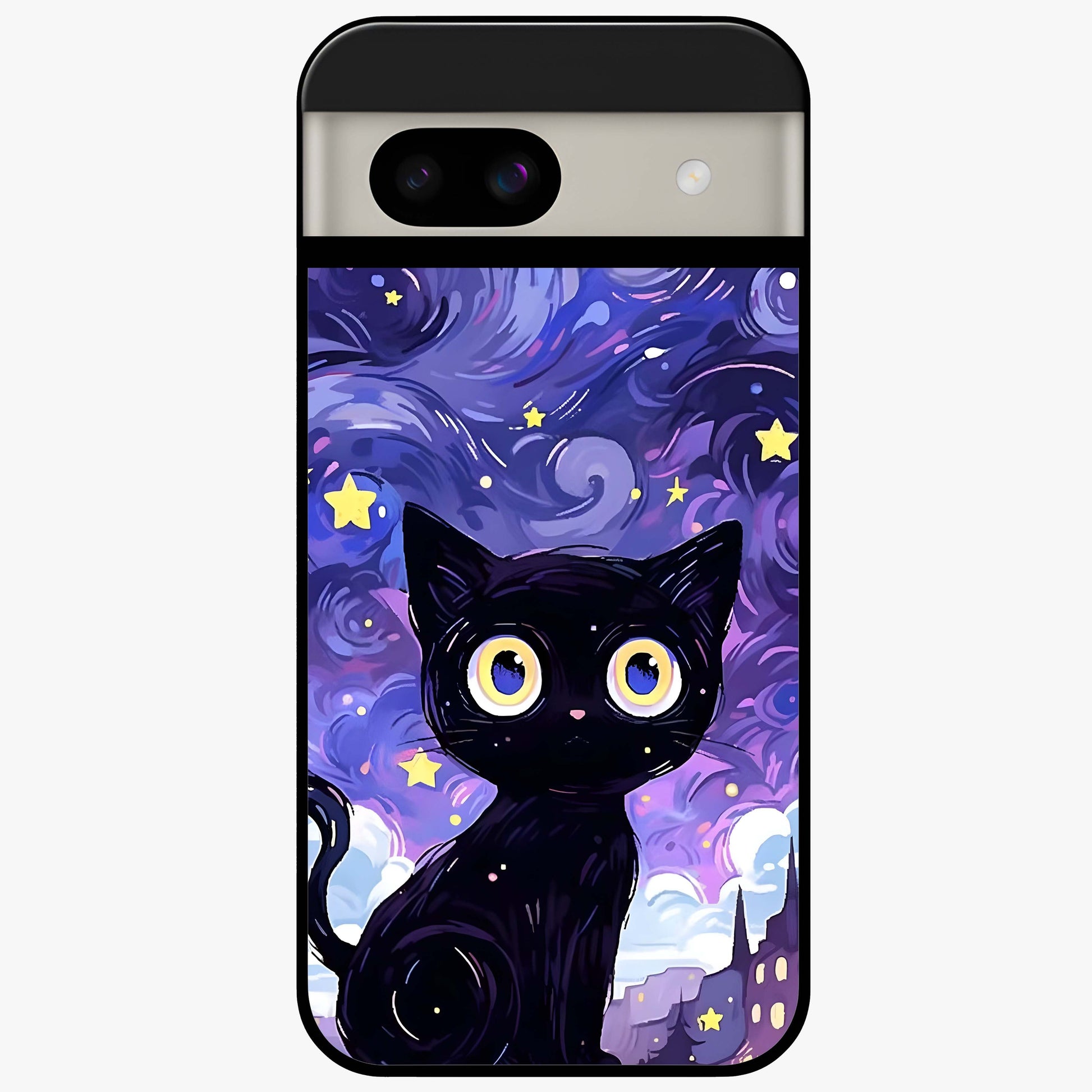 Abstract Cat Art Glass Case showing flat back view with artistic cat illustration and glossy glass finish.