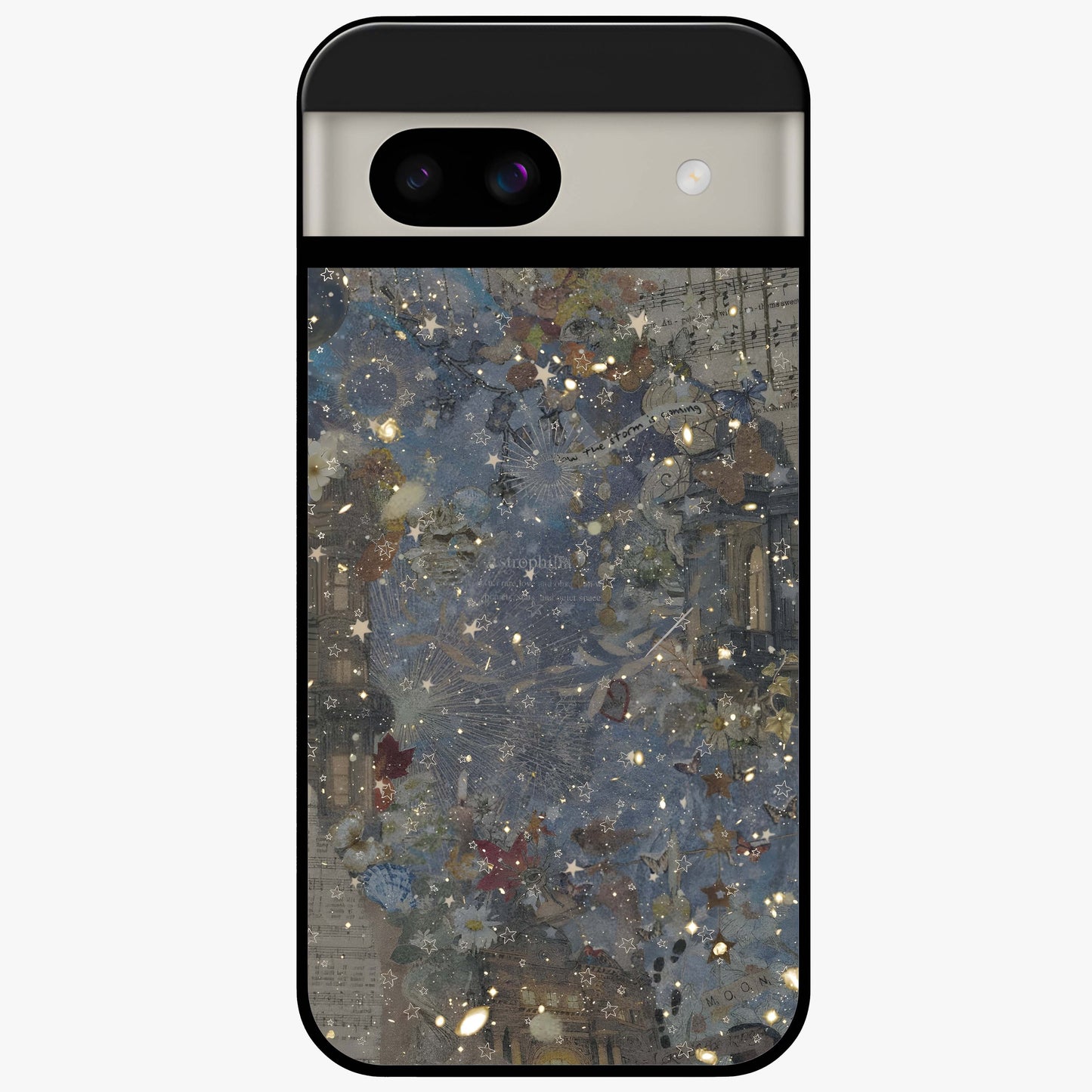 Aesthetic Astrolophia Glass Case showing flat back view with dreamy aesthetic design and glossy glass finish.