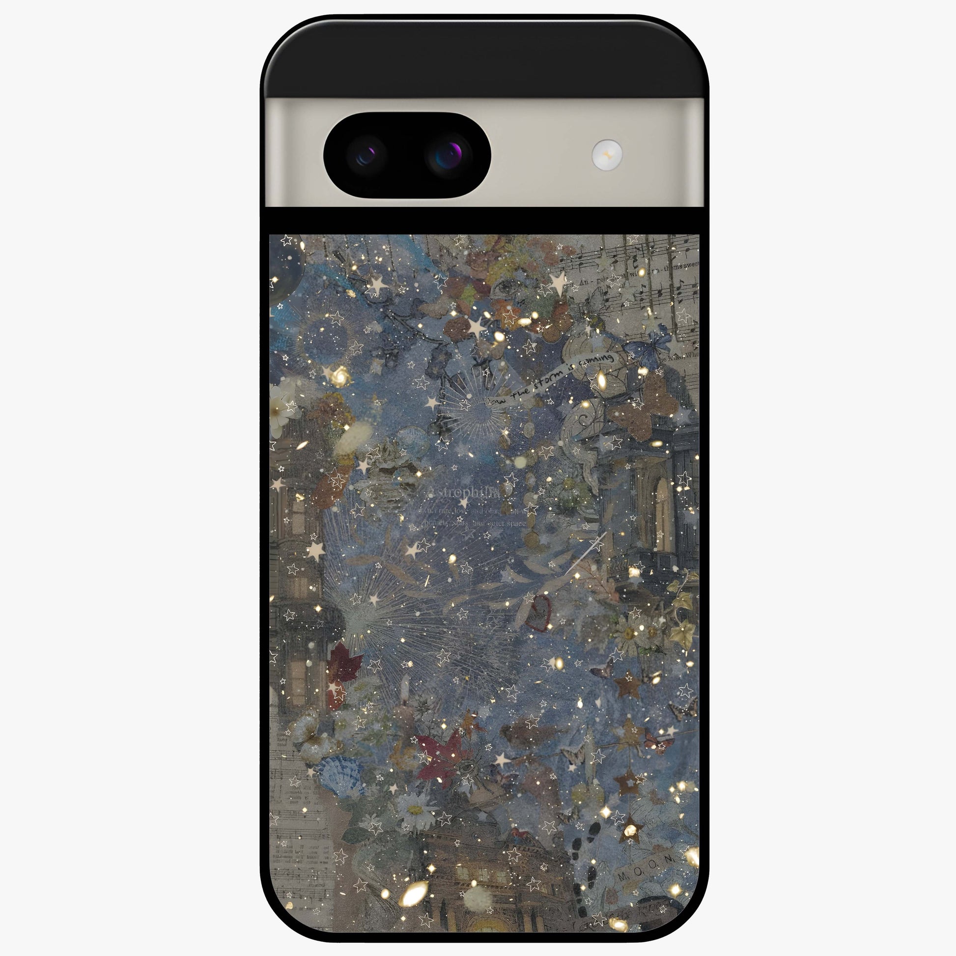 Aesthetic Astrolophia Glass Case showing flat back view with dreamy aesthetic design and glossy glass finish.