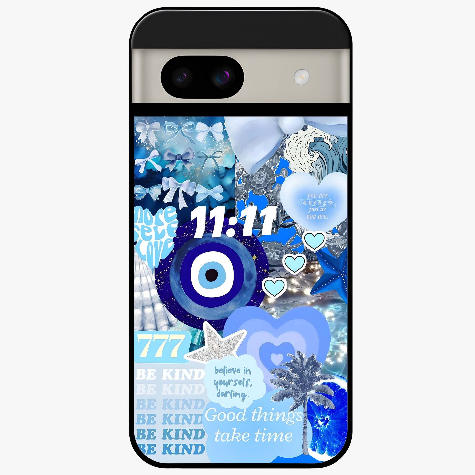 Aesthetic Be Kind Eye Glass Case showing flat back view with motivational eye artwork and glossy glass finish.