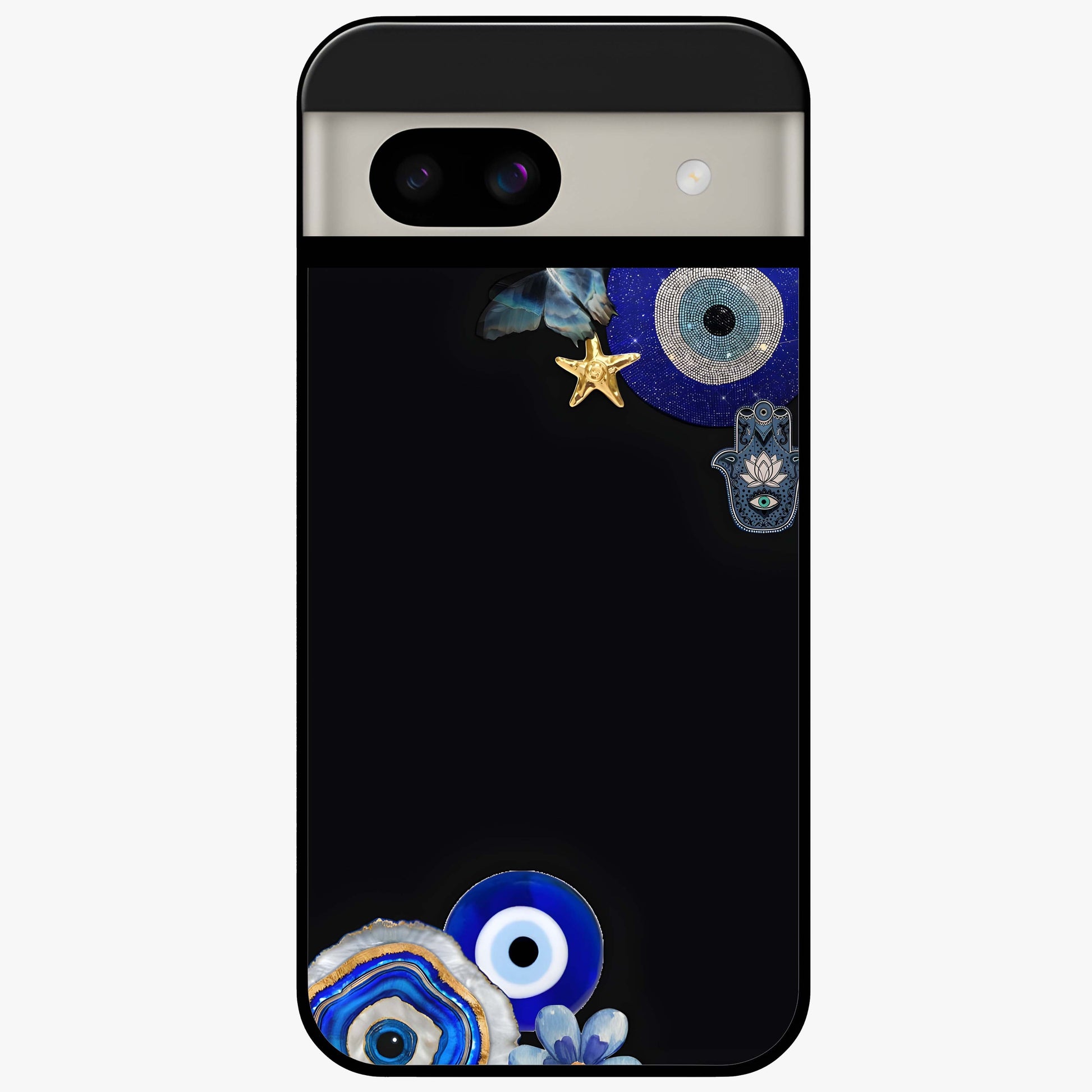 Aesthetic Blue Evil Eye Glass Case showing flat back view with protective evil eye artwork and glossy glass finish.