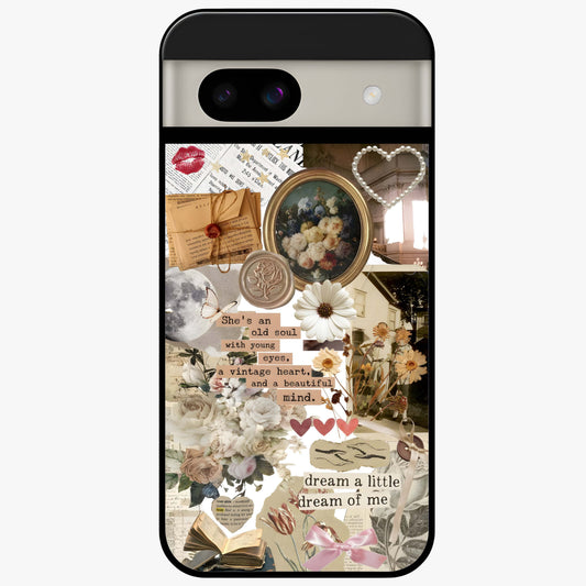Aesthetic Brown Vintage Collage Glass Case showing flat back view with retro collage artwork and glossy glass finish.