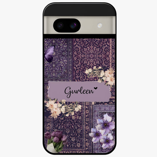 Antique Floral Whisper Custom Name Glass Case showing flat back view with vintage floral artwork and personalized name design.