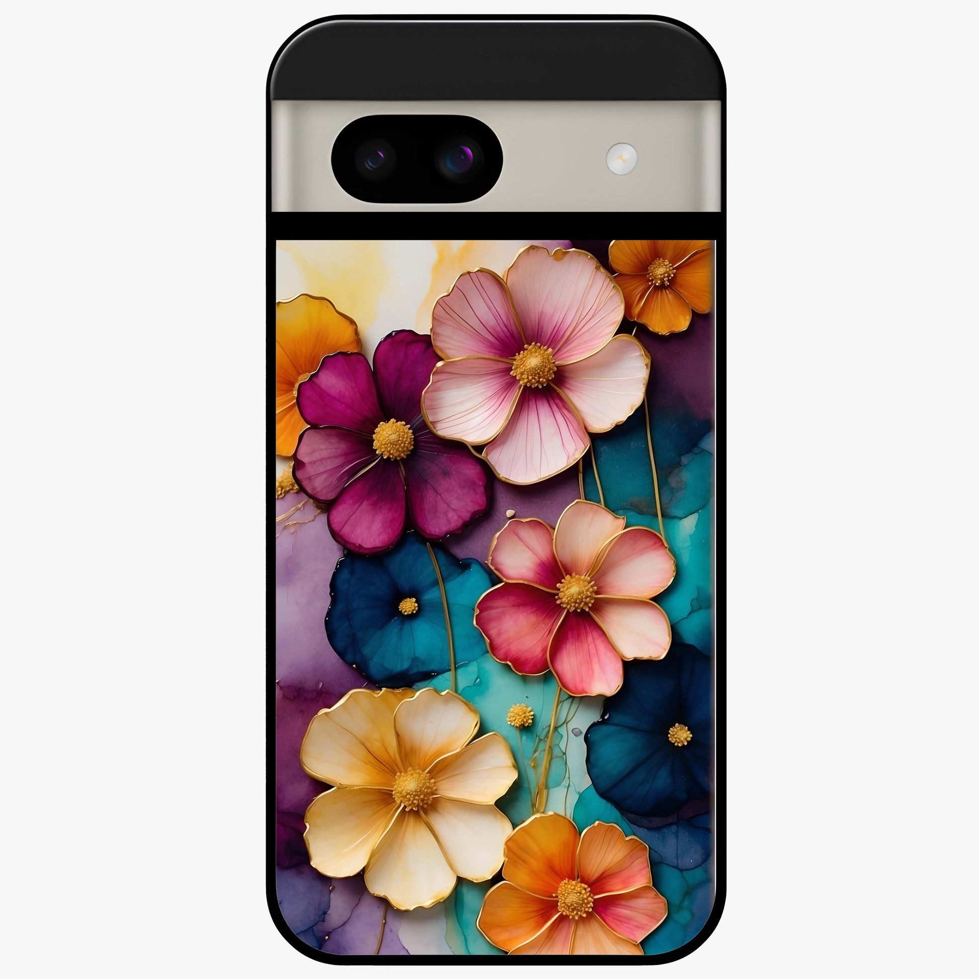 Artlyn Grace Flower Pattern Glass Case showing flat back view with elegant floral pattern artwork and glossy glass finish.