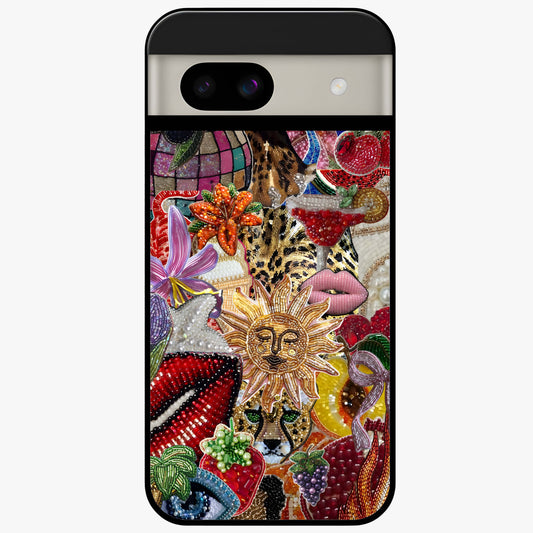 Beaded Fashion Jungle Glass Case showing flat back view with vibrant jungle inspired bead artwork and glossy glass finish.