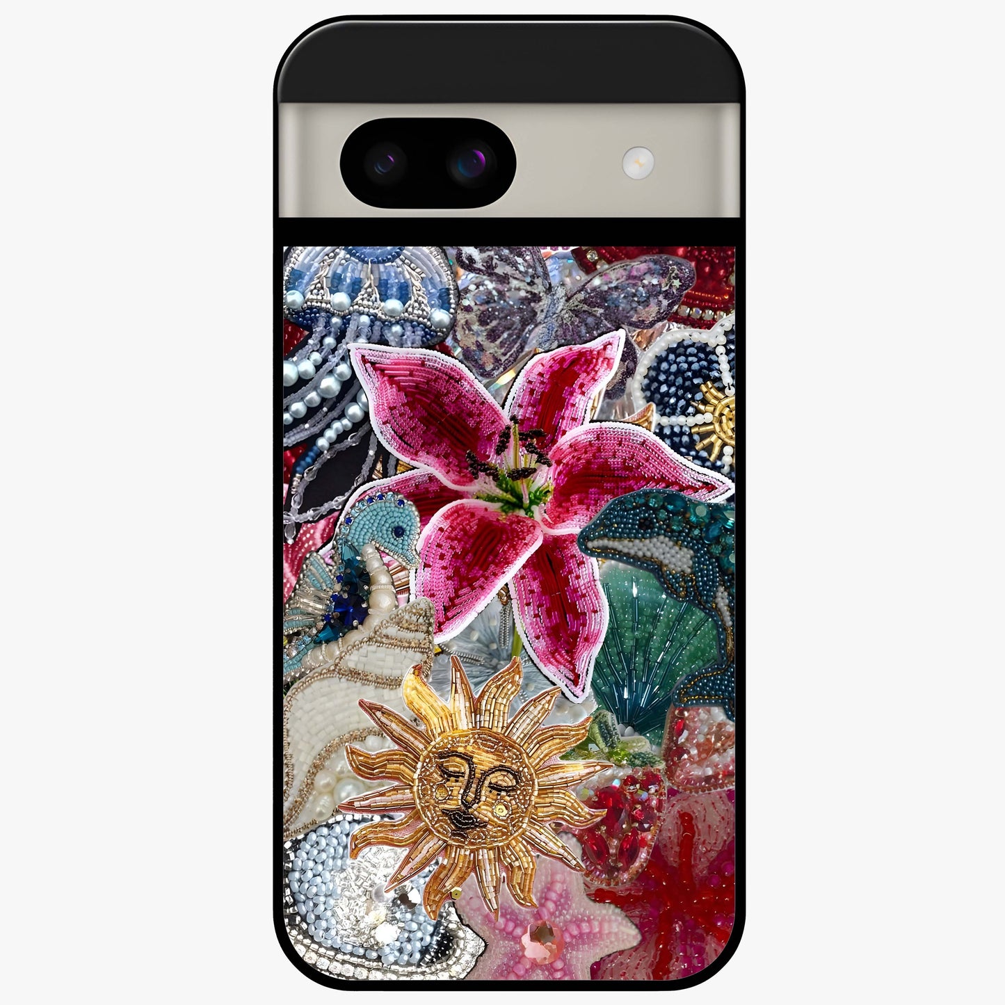 Beaded Garden Fantasy Glass Case showing flat back view with dreamy garden bead artwork and glossy glass finish.