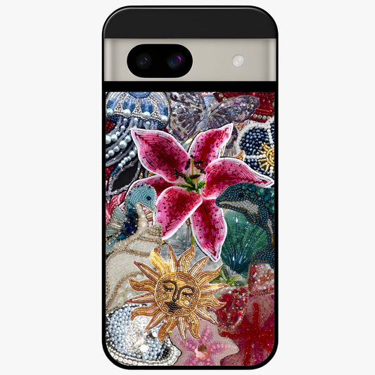 Beaded Garden Fantasy Glass Case showing flat back view with dreamy garden bead artwork and glossy glass finish.