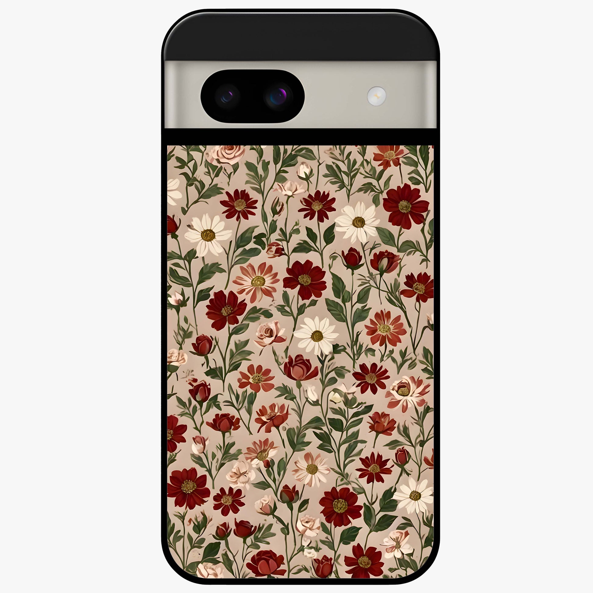 Biege Flower With Leaf Glass Case showing flat back view with soft beige floral artwork and glossy glass finish.
