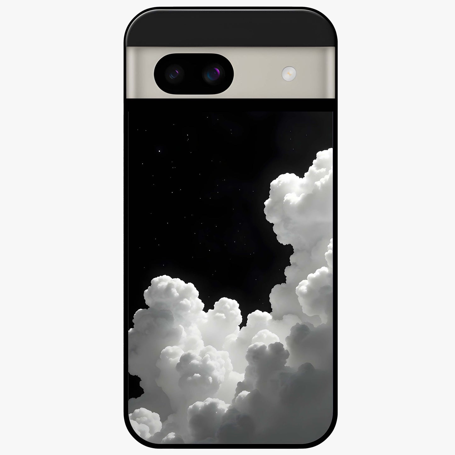 Black Background With White Cloud Glass Case showing flat back view with minimal cloud artwork on dark background and glossy glass finish.