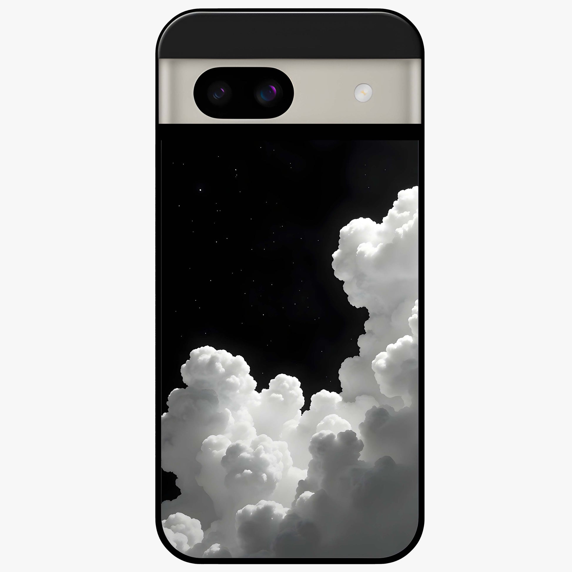 Black Background With White Cloud Glass Case showing flat back view with minimal cloud artwork on dark background and glossy glass finish.