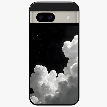 Black Background With White Cloud Glass Case showing flat back view with minimal cloud artwork on dark background and glossy glass finish.